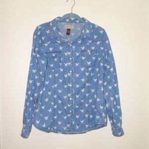 Bit & Bridle Long Sleeve Horse Print Blue Jean Top - Fitted size M